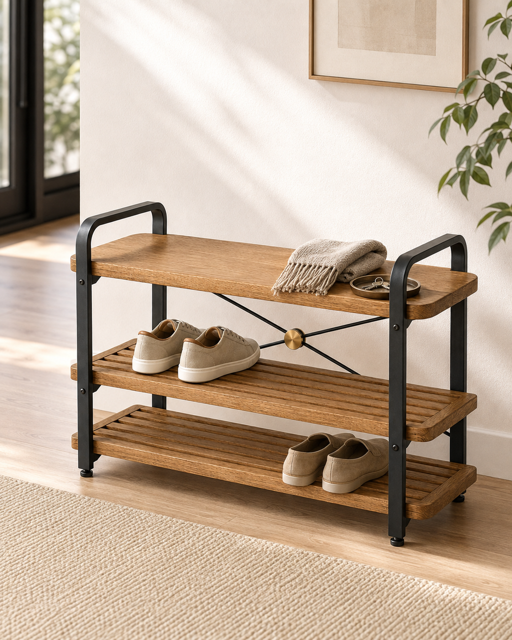 Nestiform Aldren 3-Tier Wood and Metal Entryway Shoe Storage Bench